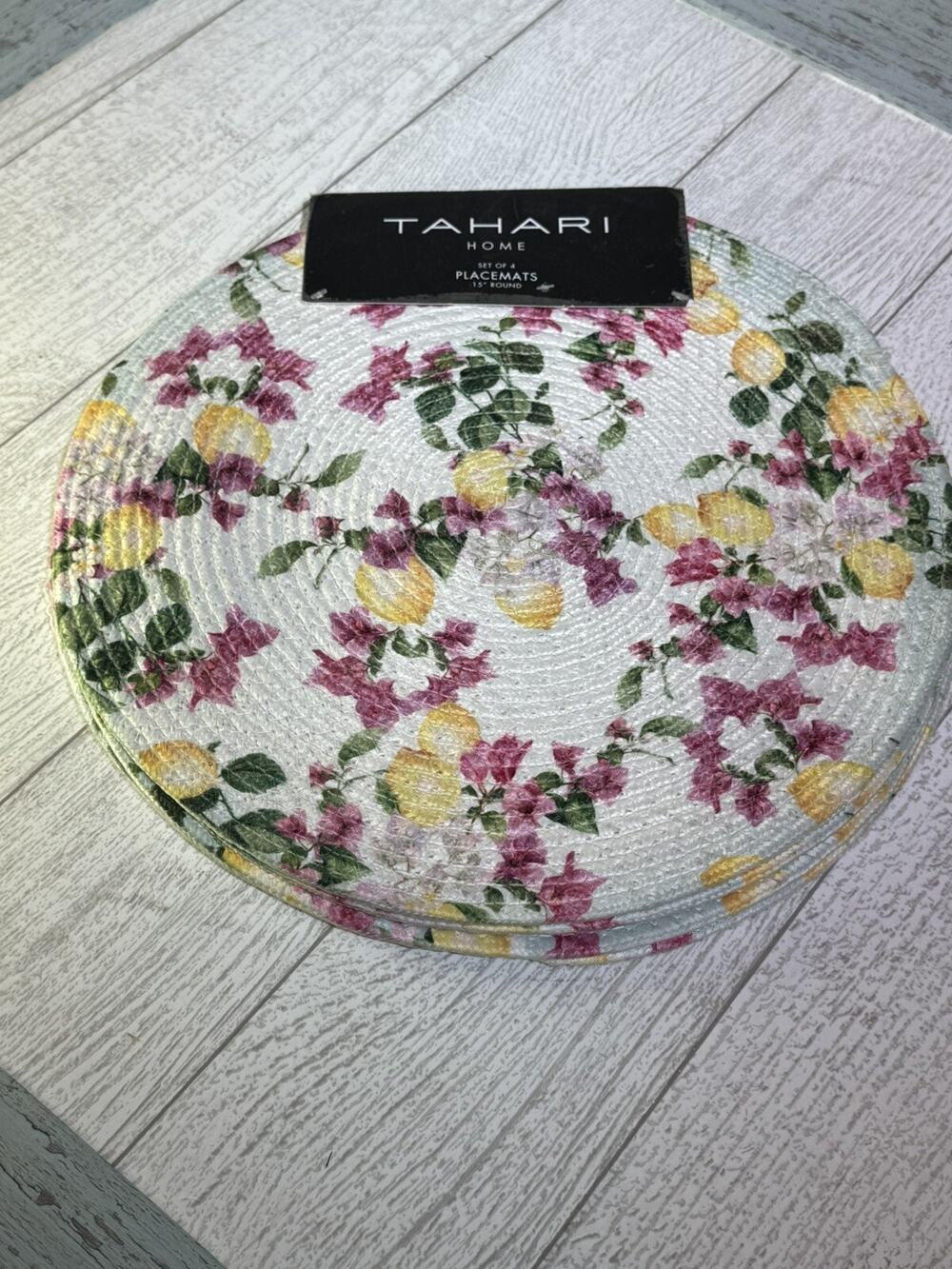 TAHARI HOME PLACEMATS (4) LEMONS YELLOW PINK FLOWERS WOVEN 15 INCH ROUND NIP